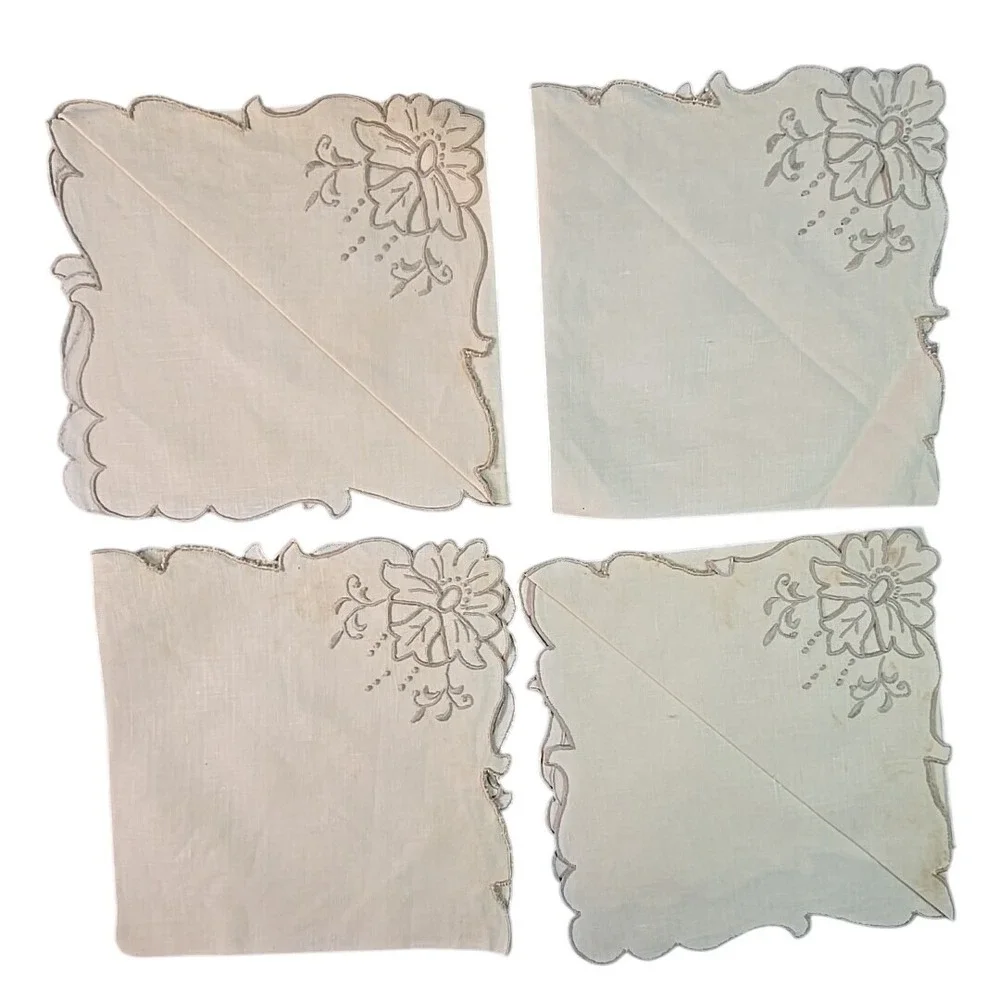 Vtg Embroidered Floral Heirloom Napkins Victorian Luncheon Cream French Country